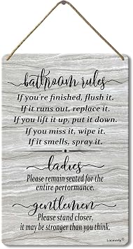 Bathroom Rules Wooden Hanging Wall Sign, Modern Farmhouse Sign for Bathroom Wall, 8x12 Inch
