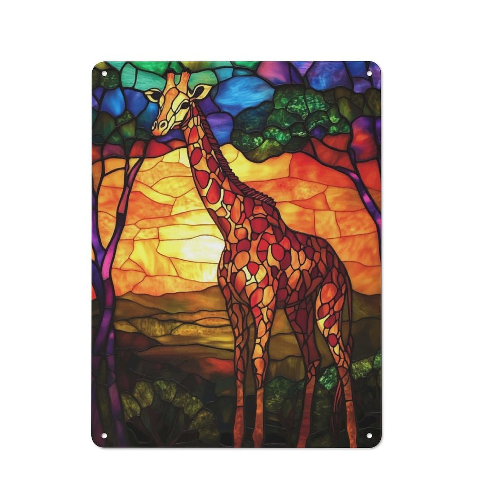 Stained Glass Giraffe Barn Style Metal Wall Decor 40x30cm, Country Metal Sign for Kitchen, Cottage, Porch Or Garden Room