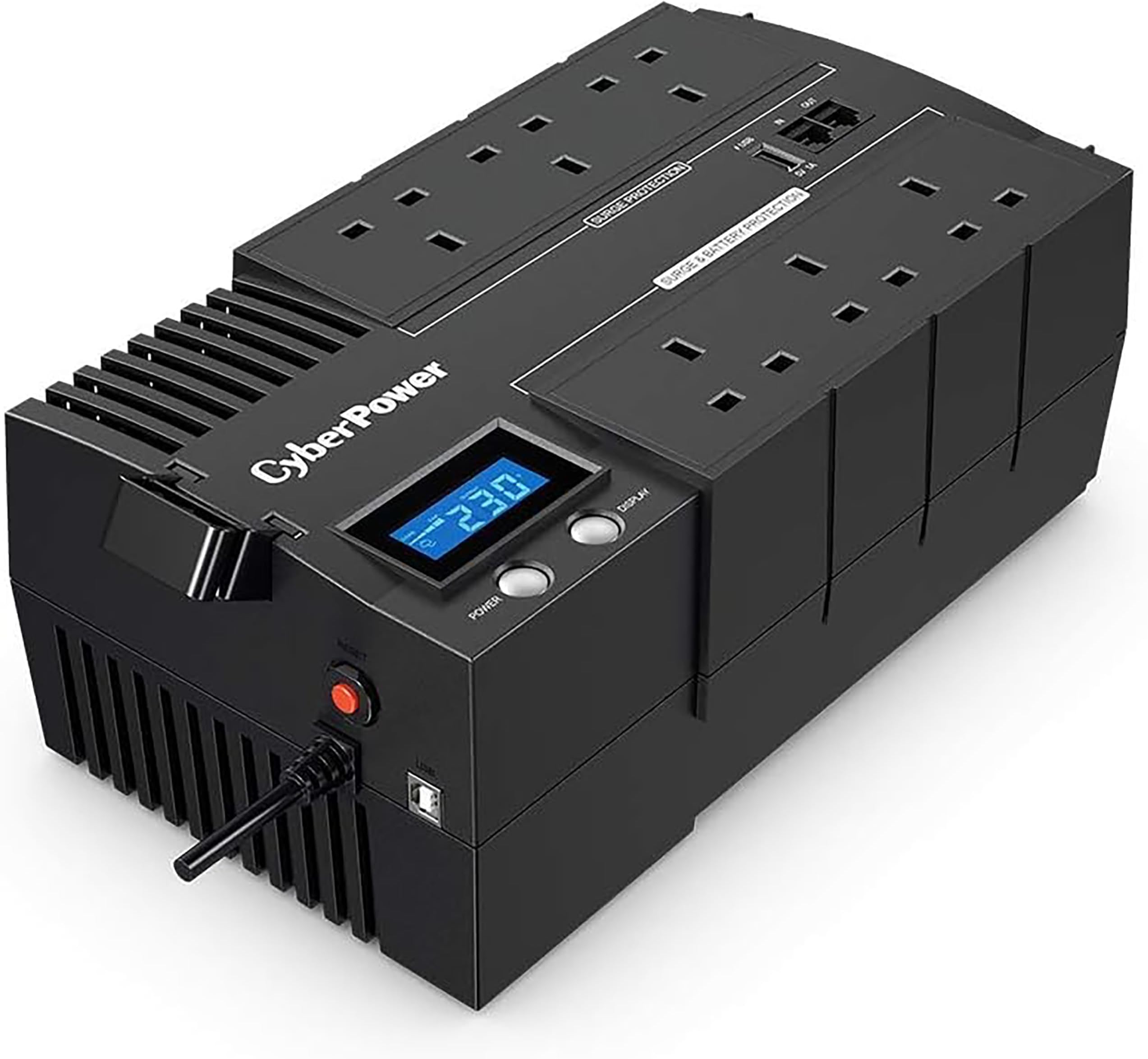 BR1000ELCD-UK BRICs Series, 1000VA/600W, 6 UK Outlets (3 Surge only, 3 UPS and Surge), 1 USB Charging Port, AVR, Brick Format