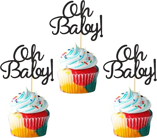 Miniatura 7 de 24 adornos para cupcakes Oh Baby Baby con lazo rosa y azul con purpurina para baby shower, revelación de género, para niños o niñas, temática de