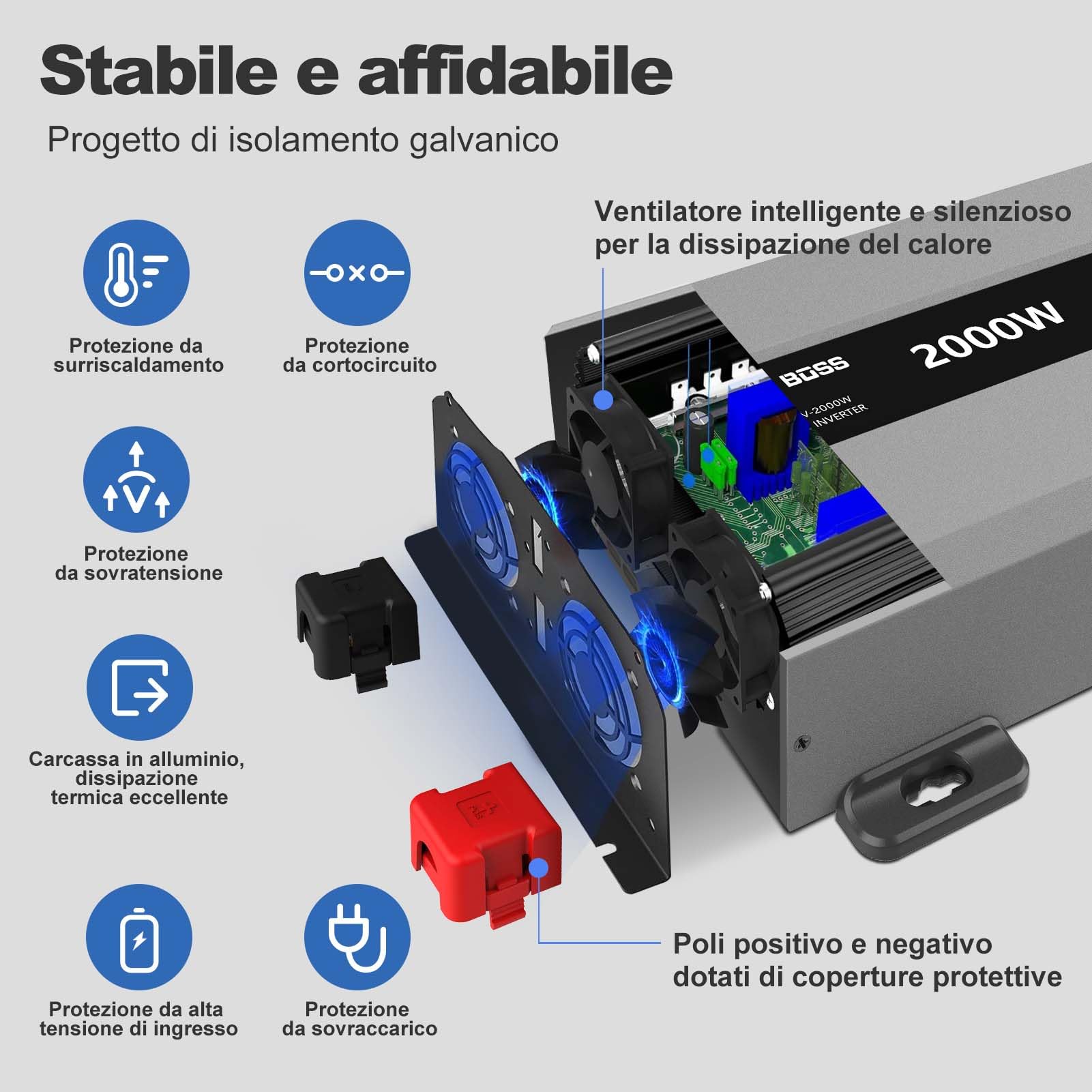 DATOUBOSS Inverter 12v 220v/230v Onda Pura 2000w, Inverter Onda Pura 2000w, Convertitore 12v 220v, Con Presa AC e Porta USB 3A Per Casa, Camper, Camion (SAK-12v2000w)