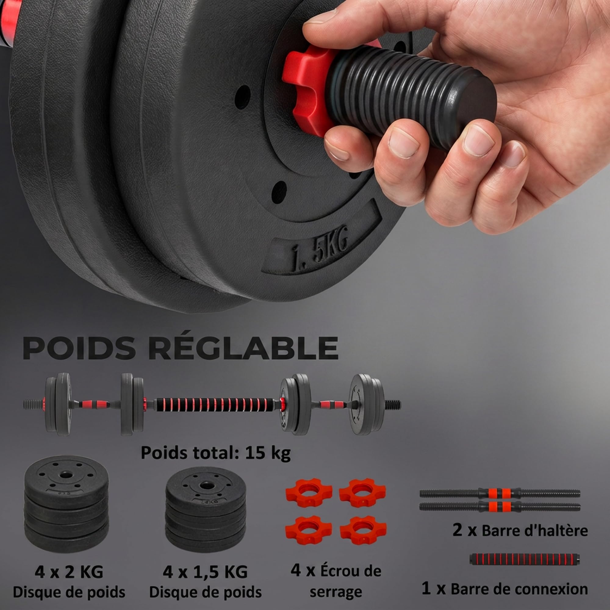 HOMCOM Set di manubri corti 15 kg 2 in 1 peso regolabile - barre incluse - allenamento muscolare e sollevamento pesi - HDPE acciaio nero rosso