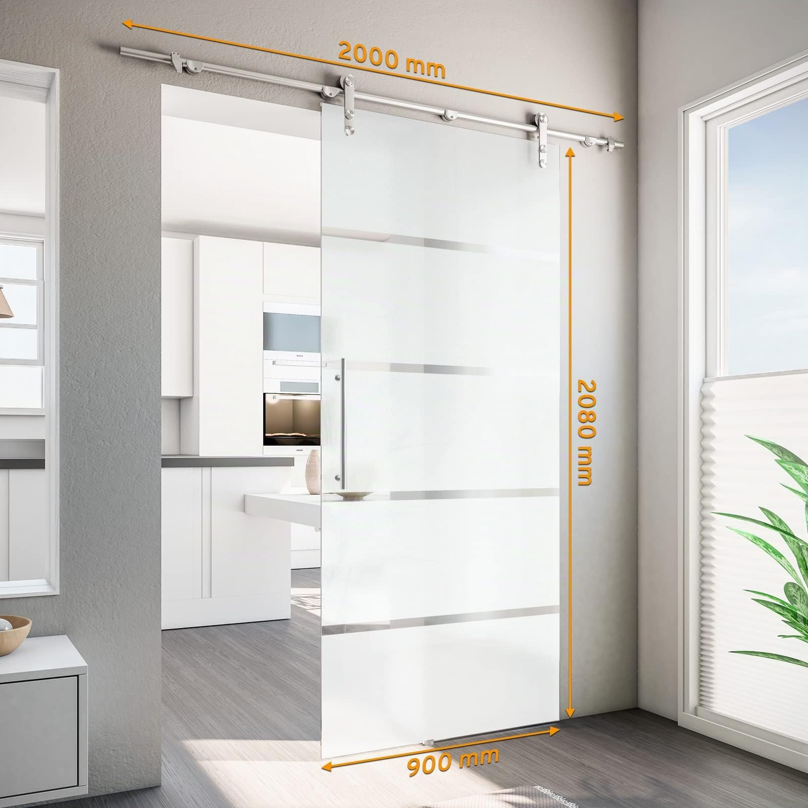 inova Glas-Schiebetür offene Schiene 900 x 2080 mm Blockstreifen Edelstahl Komplettset mit Lauf-Schiene und Stangengriff