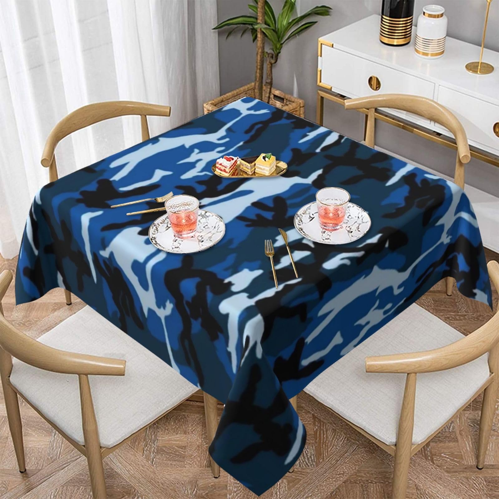 DCEHGEW Blue Camouflage Pattern Prints Square Tablecloth 137x137 CM, Waterproof Fabric Table Cloth for Dining Table, Farmhouse Table Cover for Kitchen Dining Tabletop Decoration