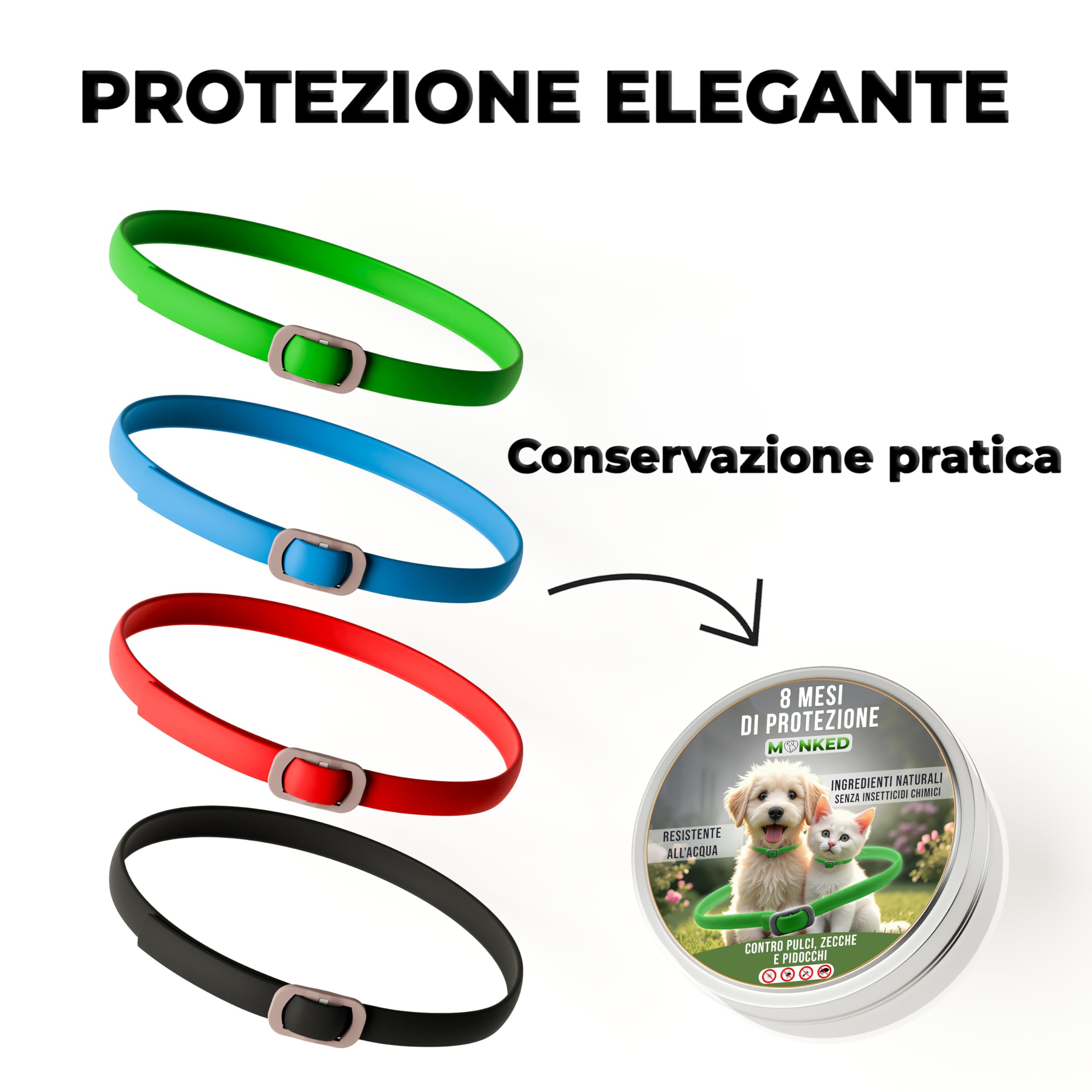 Monked | Collare Antipulci e Zecche per Cani Naturale | Fino a 8 Mesi Protezione | Regolabile | Impermeabile | Protezione Lunga Durata (Verde, Universale)