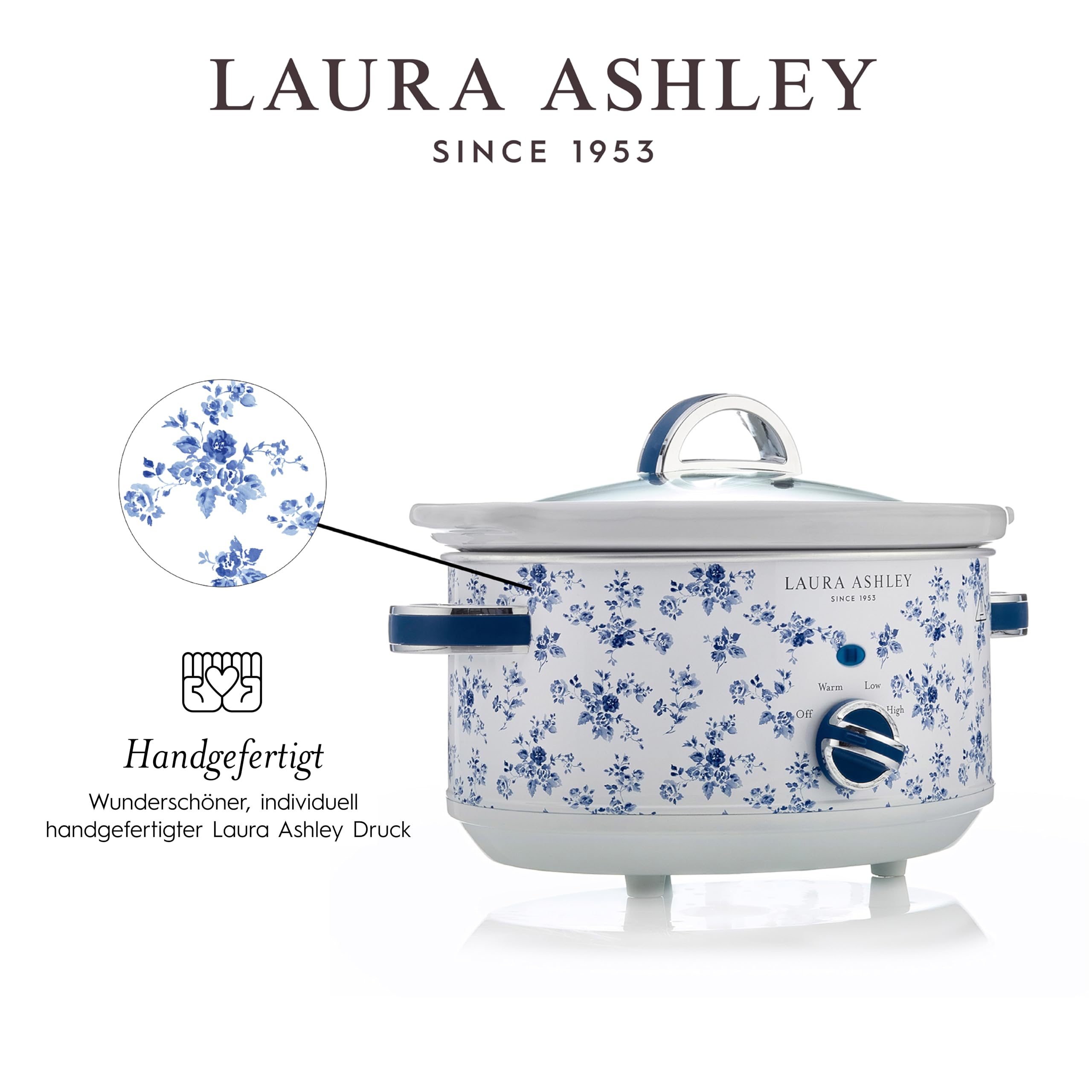 Laura Ashley 6,5 Liter Schongarer mit China Rose Print von VQ - Slowcooker für 8 bis 10 Personen, Energieeffizient, mit 3 Heizstufen und Einem gehärteten Glasdeckel zur Einfachen Überwachung