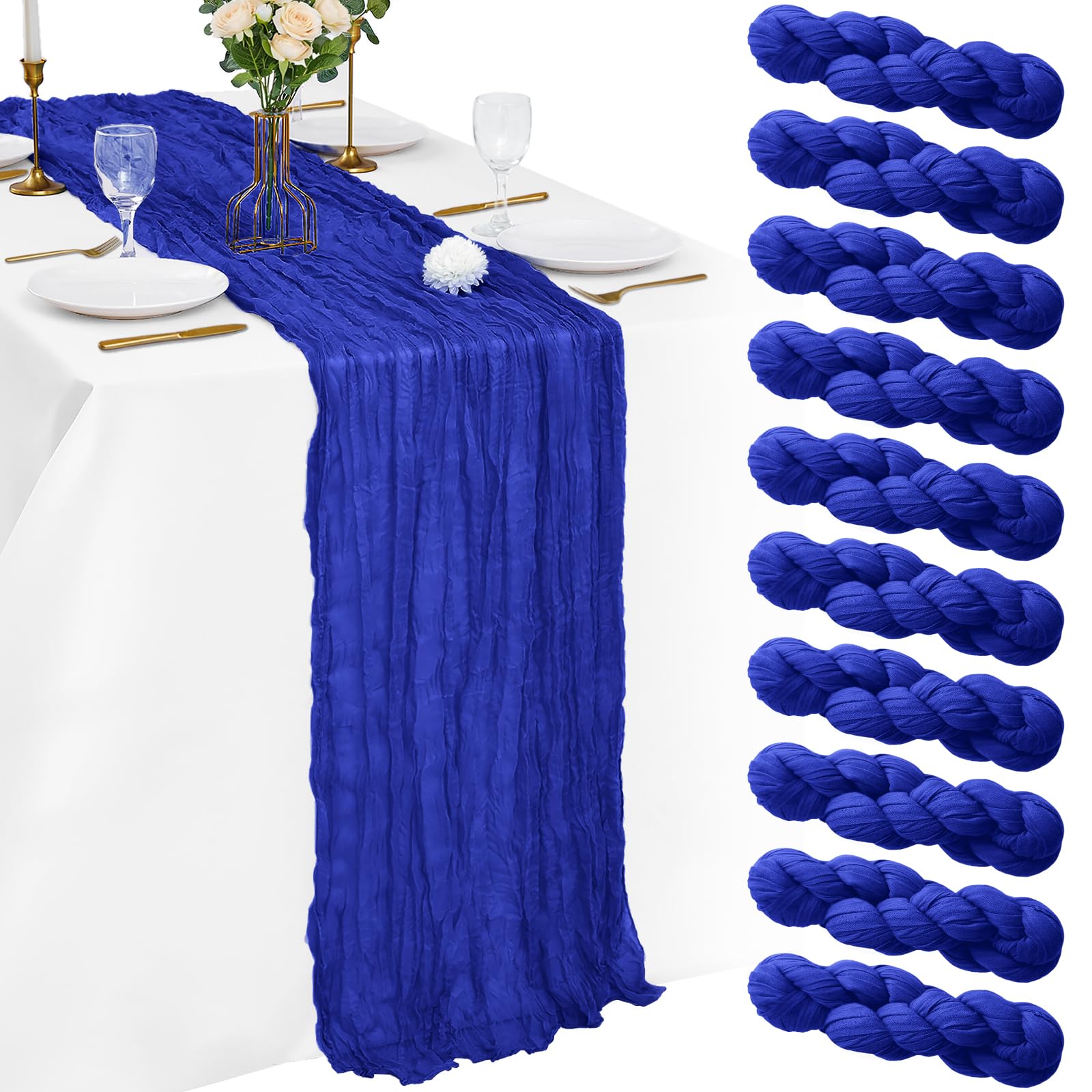 Photo 1 of 10 Pack Royal Blue Cheesecloth Table Runner 21x120 Inches Boho Gauze Table Runners, Rustic Semi Sheer Cheese Cloth Fabric for Easter Wedding Party Baby Shower, Long Vintage Table Runner for Dining