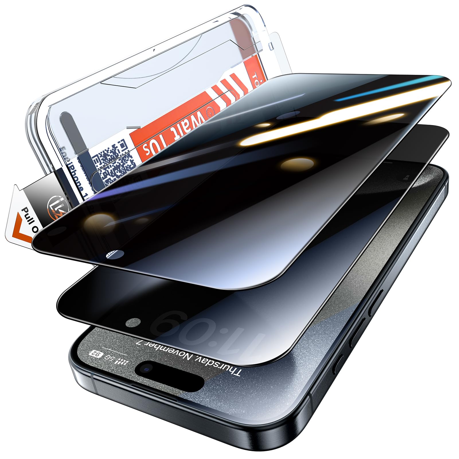 LK 2 Pezzi Privacy Vetro Temperato per iPhone 15 Pro Max, Rimozione Automatica Della Polvere, Senza Bolle, Installazione Rapida, Antigraffio, Ultra HD Pellicola Protettiva Durezza 9H