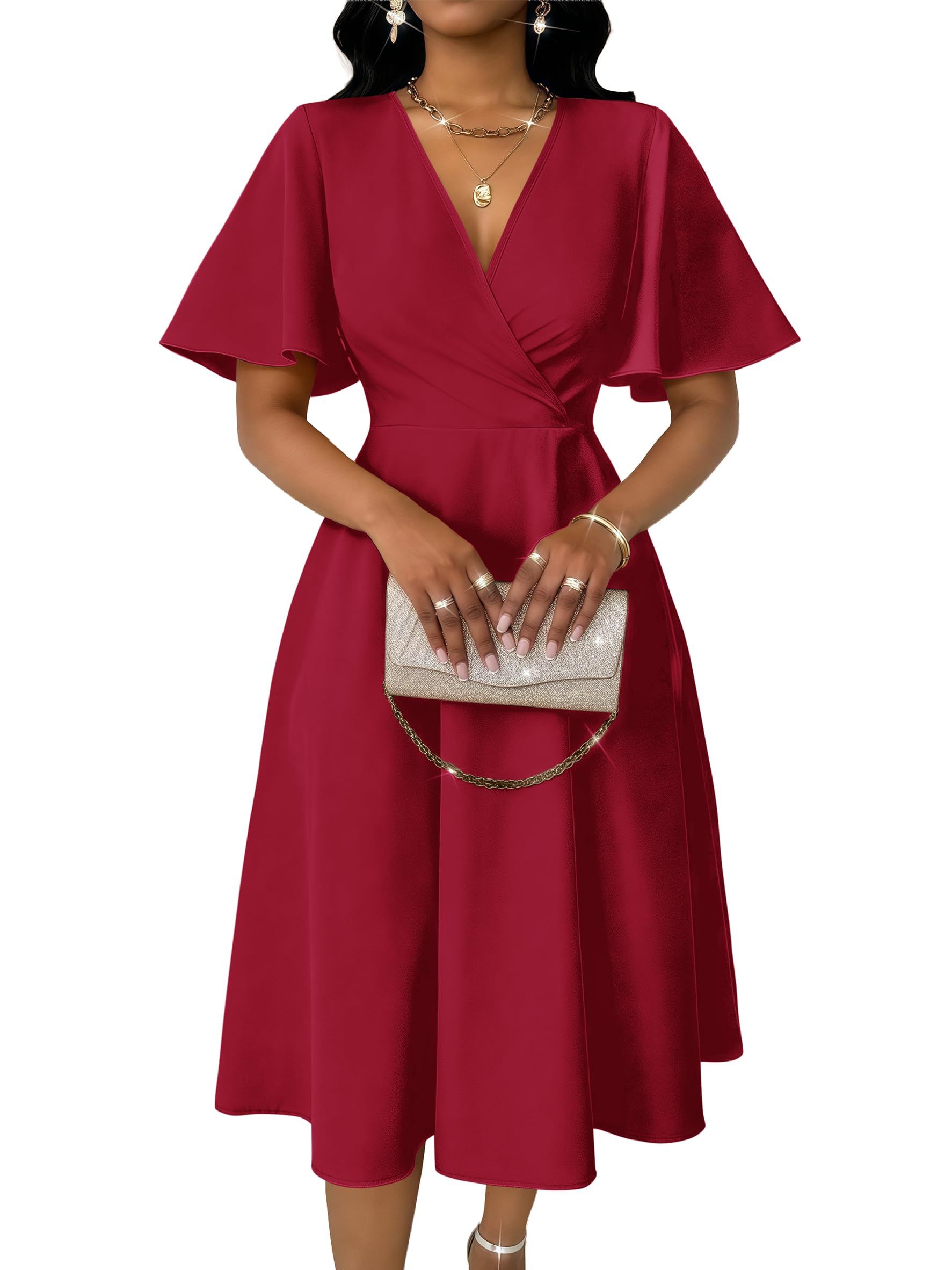 Womens Elegant V-Neck Flowy A-Line Dress Flared Short Sleeves Cinch Waist Cocktail Date Party Midi Dresses
