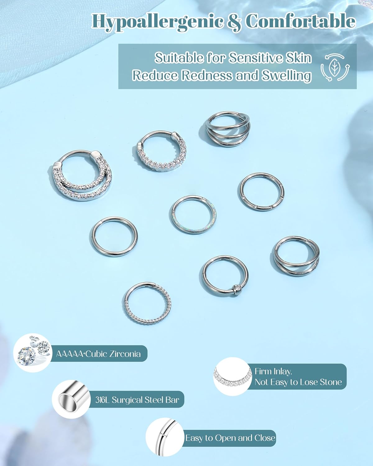 Besteel 9 Pcs Hypoallergenic Septum Rings 16G Surgical Steel CZ Opal Clicker Hinged Nose Rings Hoop for Women Men Lip Conch Tragus Helix Daith Cartilage Earrings 8mm 10mm - Image 2