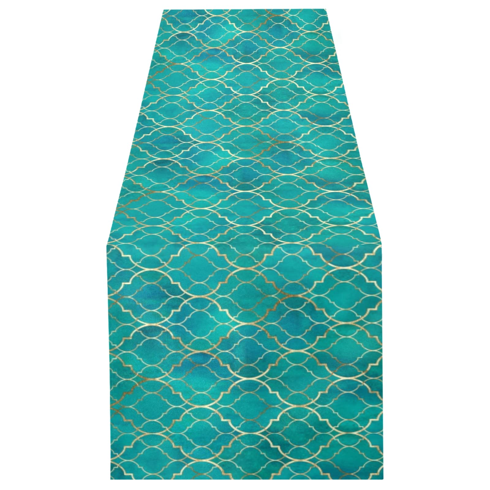Poeticcity Multi 3 Seamless Green Teal Moroccan Tiles With Golden Gold Geometric 14" X 108" Rectangle Table Runner Long Tablecloth Placemat For Party Home Decor Indoor Outdoor Office Kitchen Dining Wedding