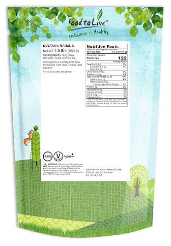 Miniatura 12 de Food to Live Pasas Sultana, 12 onzas, uvas secas naturales para hornear, aperitivos y mezclas de senderos. Sin azúcar añadido, sin sulfuro