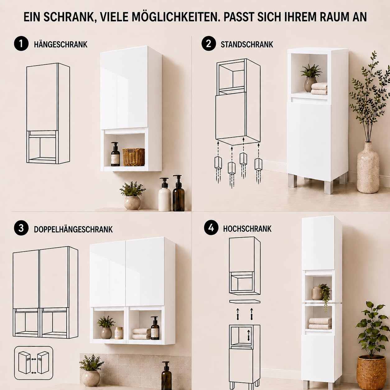 Badezimmerschrank Stehend Ariza, Hochglanz Weiß, MDF 18 mm, Soft-Close Türen, 6 Regale, 161 x 28 x 25 cm, Midischrank, Gäste WC & Bad für Kosmetik, Hängend, Links rechts