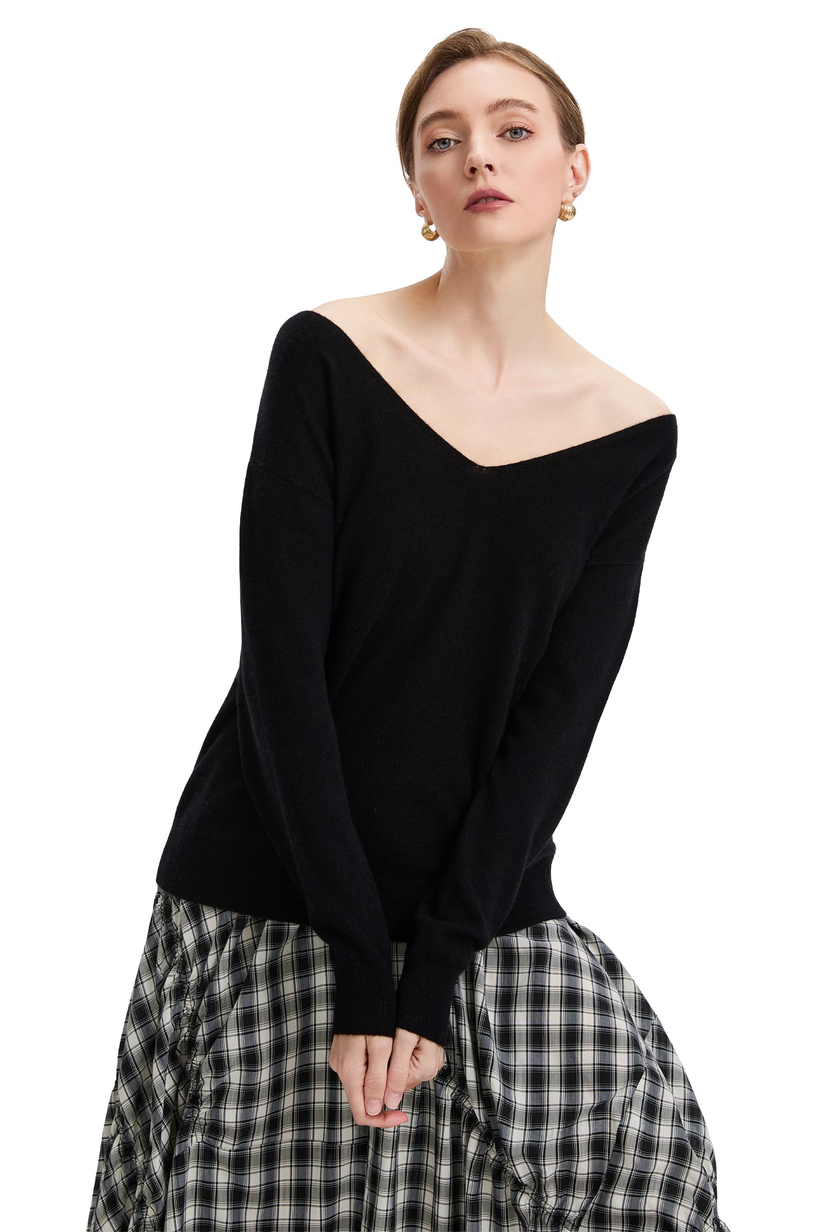 Damen Pullover 100% Merinowolle mit wendbarem U-/V-Ausschnitt | 2-wege,Wendepullover,Elegant,Wollpullover,Off-shoulder,Feinstrick,Langarm,Oversize, Herbst, Winter, Casual,Klassisch oberteil