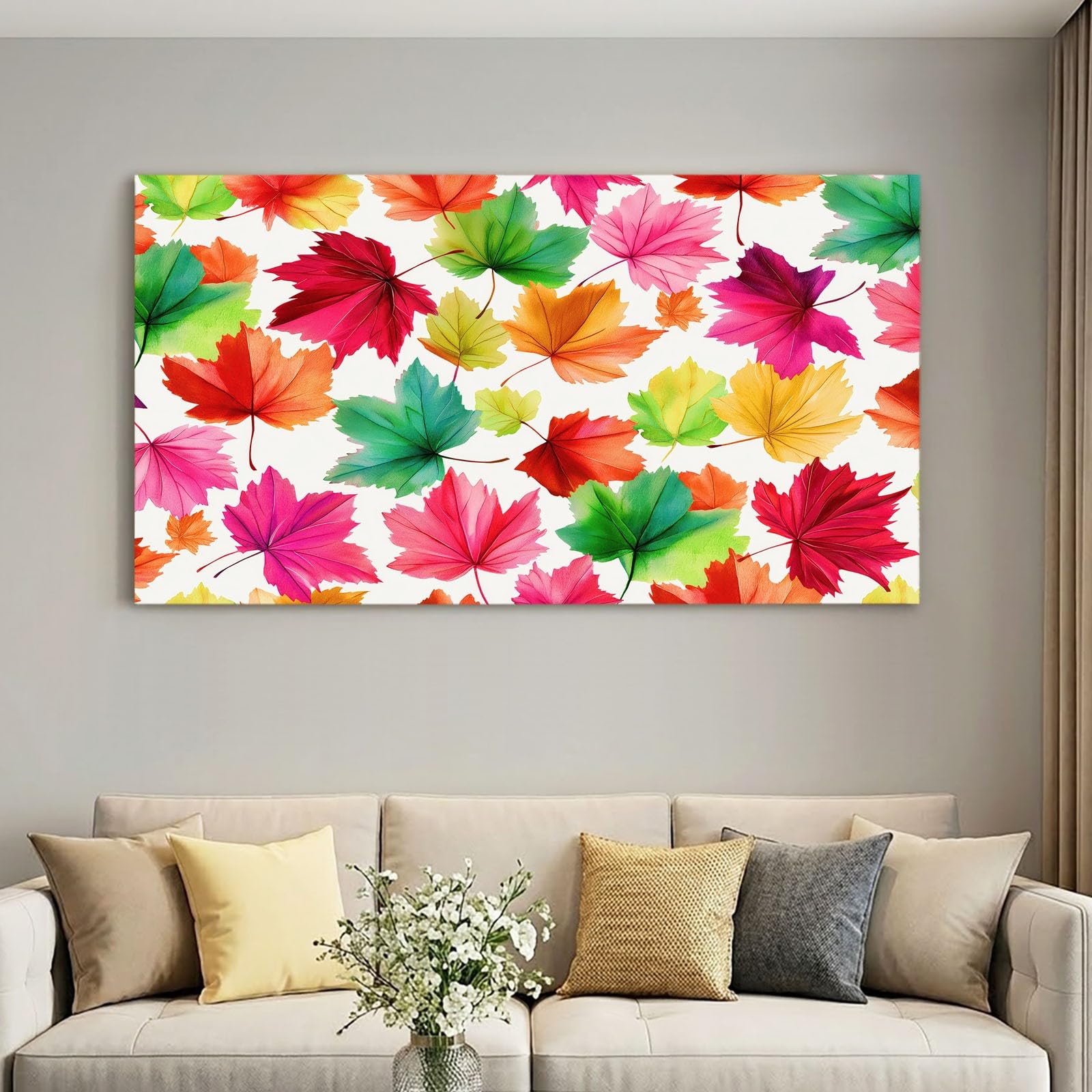 Obraz ścienny z ramą 120 x 60 cm, akwarela, obraz na płótnie do salonu, sypialni, kuchni, biura - różowy, naturalny, romantyczne liście klonu, dekoracja ścienna