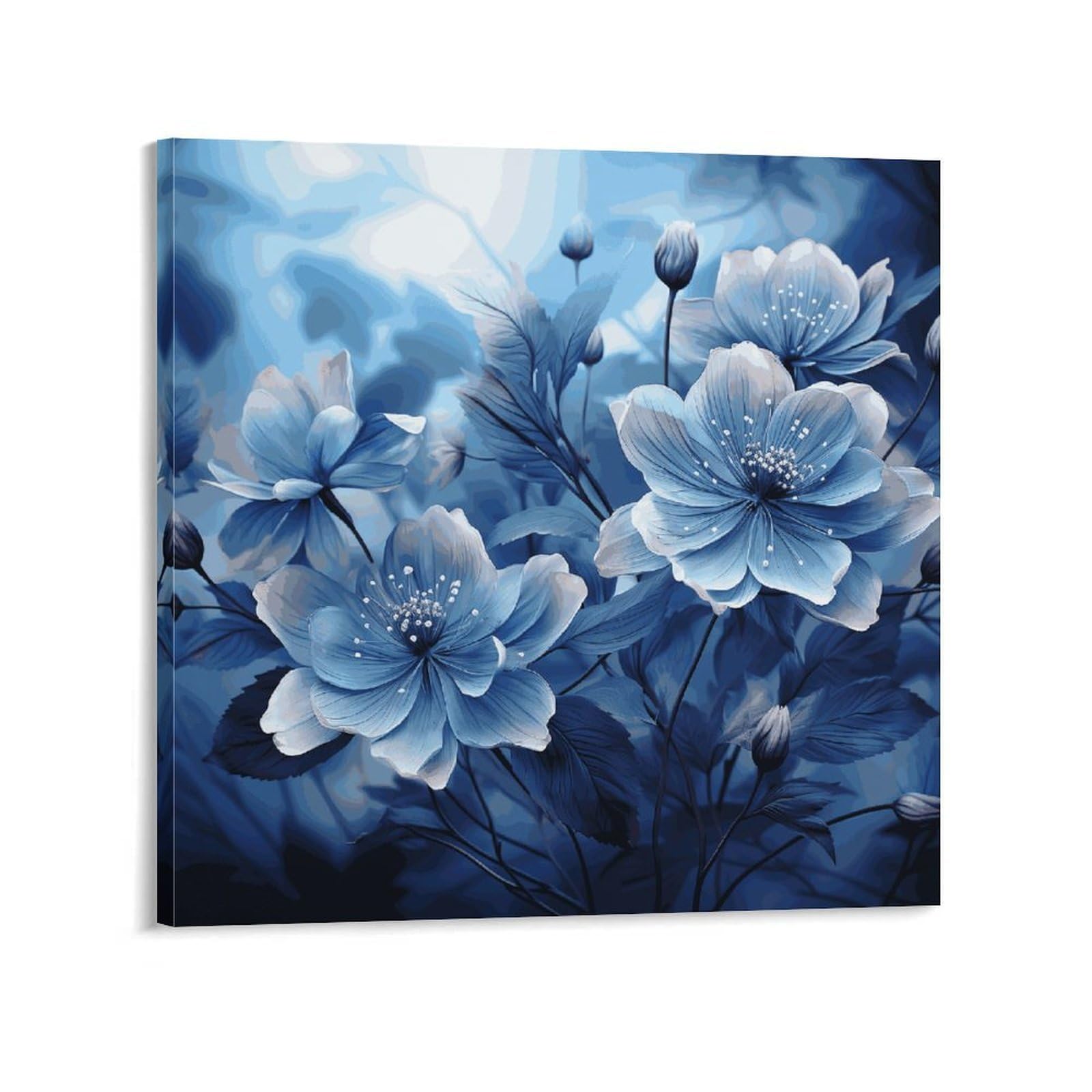 Blooming Blue Flowers Canvas Wall Art for Bedroom 24x24inch(60x60cm) Canvas Prints Artwork for Walls Modern Picture Artwork Painting for Living Room Aesthetic Wall Paintings for Bathroom Kitchen Offic