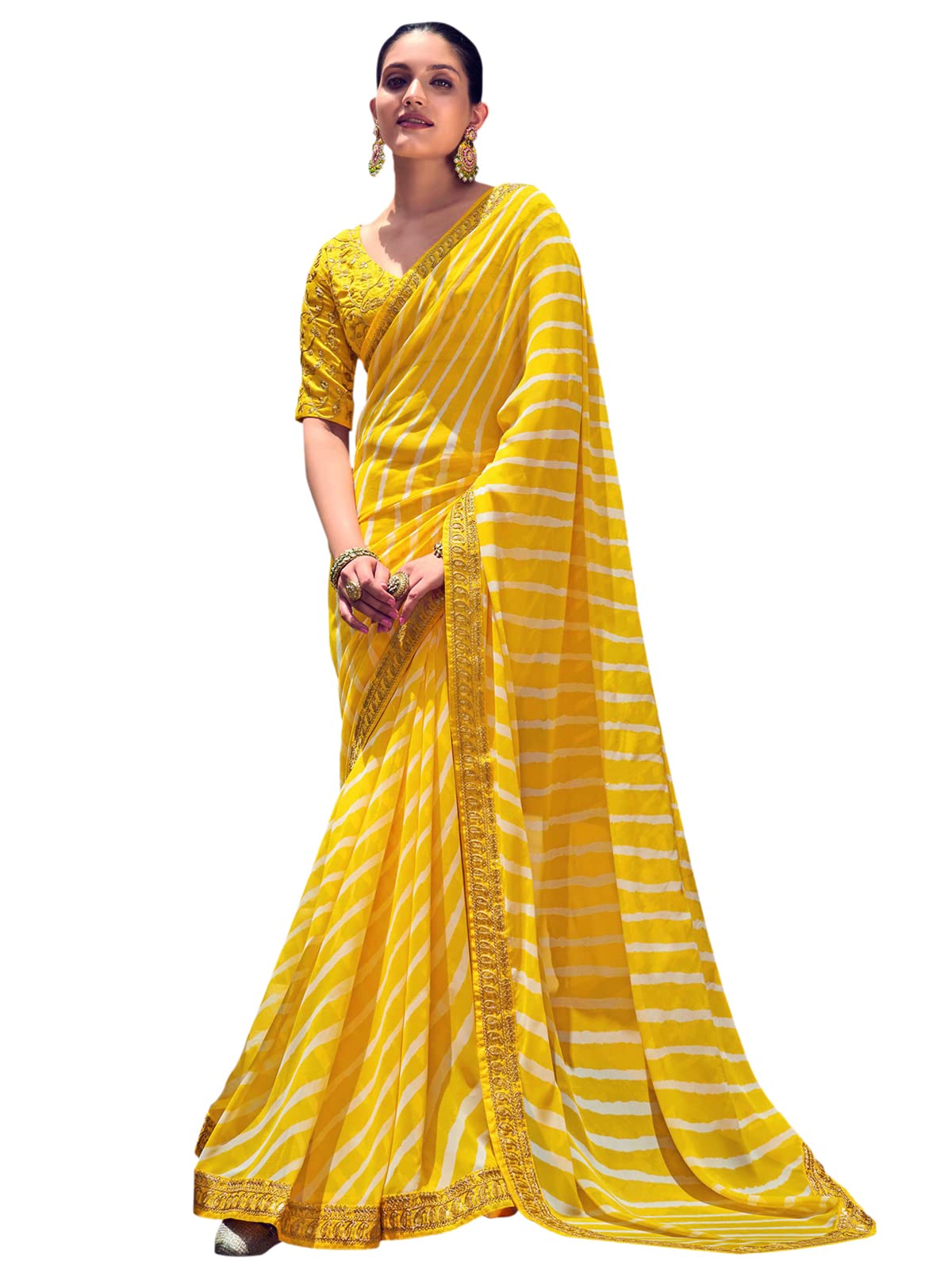 SIRILWomen's Bandhani Printed Embroidery Lace Georgette Saree