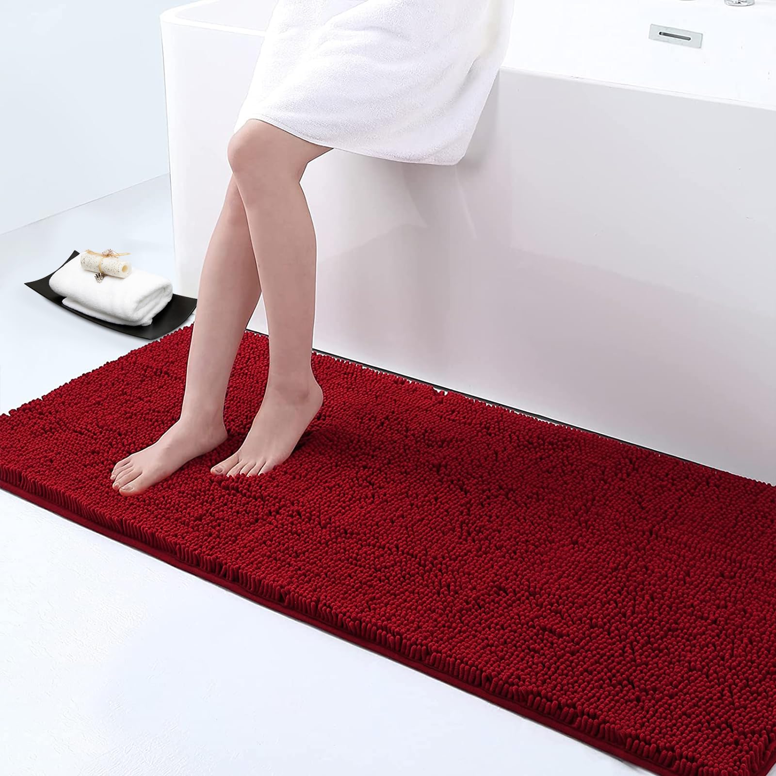 smiry Luxury Chenille Bath Rug, Extra Soft and Absorbent Shaggy Bathroom Mat Rugs, Machine Washable, Non-Slip Plush Carpet Runner for Tub, Shower, and Bath Room (59''x20'', Burgundy)