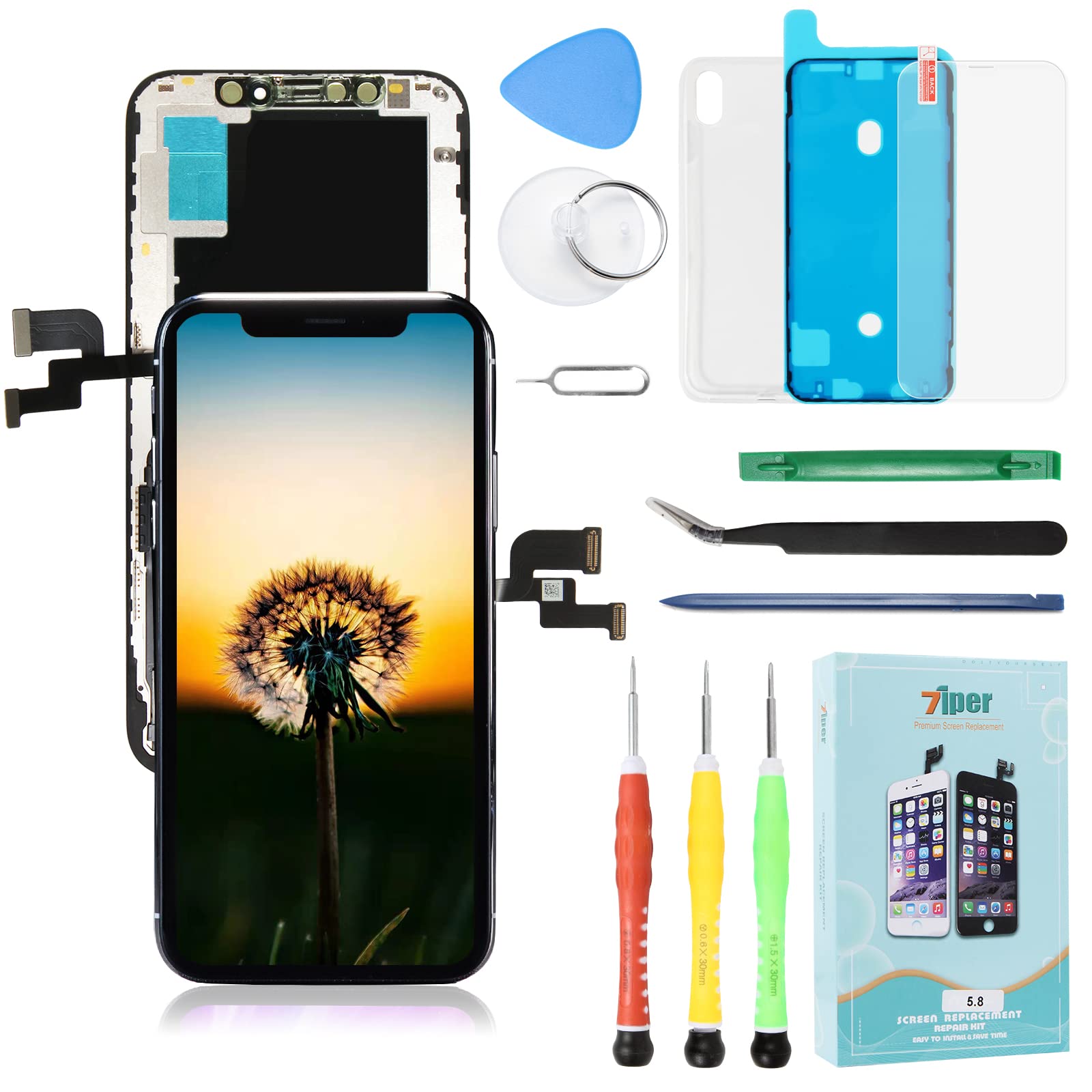 7iper Screen Replacement For iPhone X (5.8 inch) -3D Flexible OLED screen assembly - (Not LCD) Touch Digitizer Display Glass Replacement with Waterproof Adhesive, Tempered Glass, Tools,Instruction