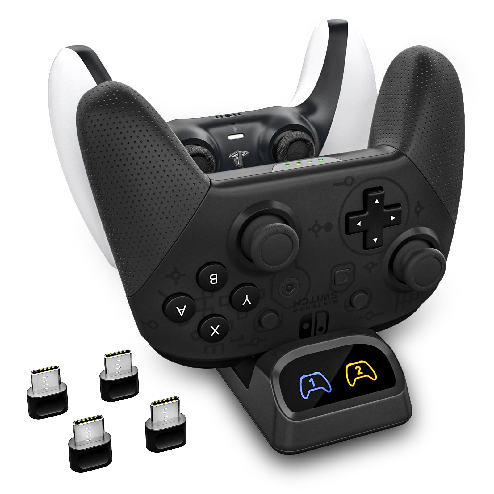 Switch Controller Charger, Fast Charging Dock for Switch Pro Controller, Xbox Series X/S Controller, PS5 Controller, and Type-C Gamepads – Dual Charger Station with LED Indicators, and Type-C Adapter