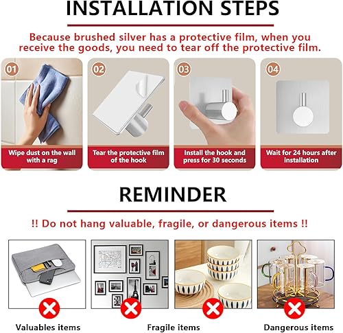 Miniatura 5 de Paquete de 8 ganchos para toallas de plata cepillada, ganchos de pared de acero inoxidable de estilo moderno para ropa, sombrero, toalla, soporte de