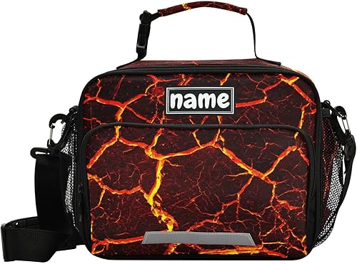La bolsa de almuerzo personalizada del volcán del fuego de la lava personalizó su nombre las bolsas de asas del almuerzo aisladas