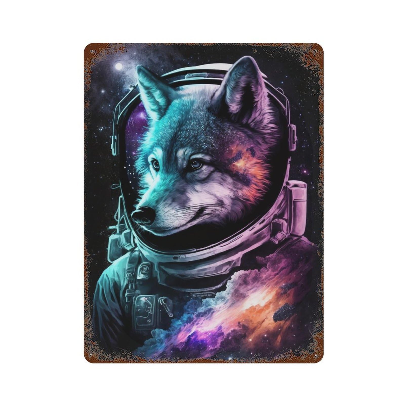 Rustic Tin Plaque Cosmic Wolf Astronaut Art Print-1 15.7"x11.8", Vintage Wall Decor for Pub, Kitchen And Man Cave Decor