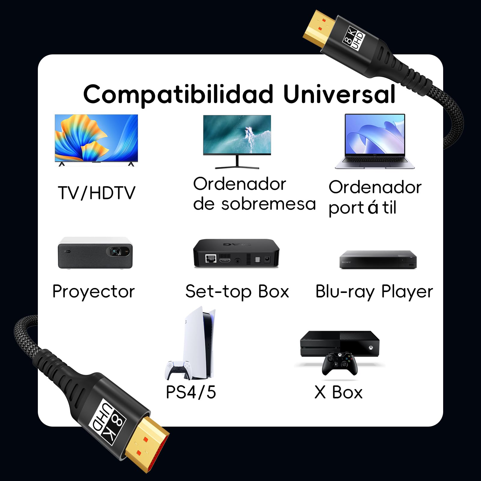 Kryoza Cable HDMI 5 metros,Cable HDMI 2.1 5m 8K@60Hz 4K@120Hz 7680P Ultra Alta Velocidad Soporta HDR10 3D eARC HDCP2.2&2.3,Compatible con PS5/4 X-Box/HDTV/Blu-ray Player/Proyector/Monitor/PC — view 8