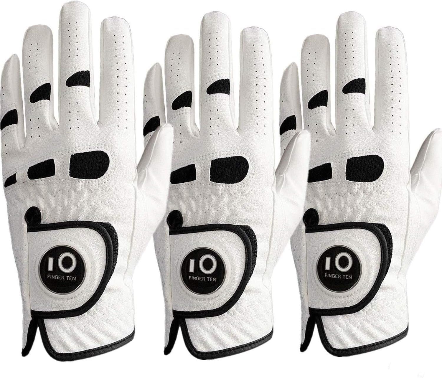 FINGER TEN Golf Gloves Men Left Hand Right with Ball Marker Cabretta Leather Weathersof Value 3 Pack
