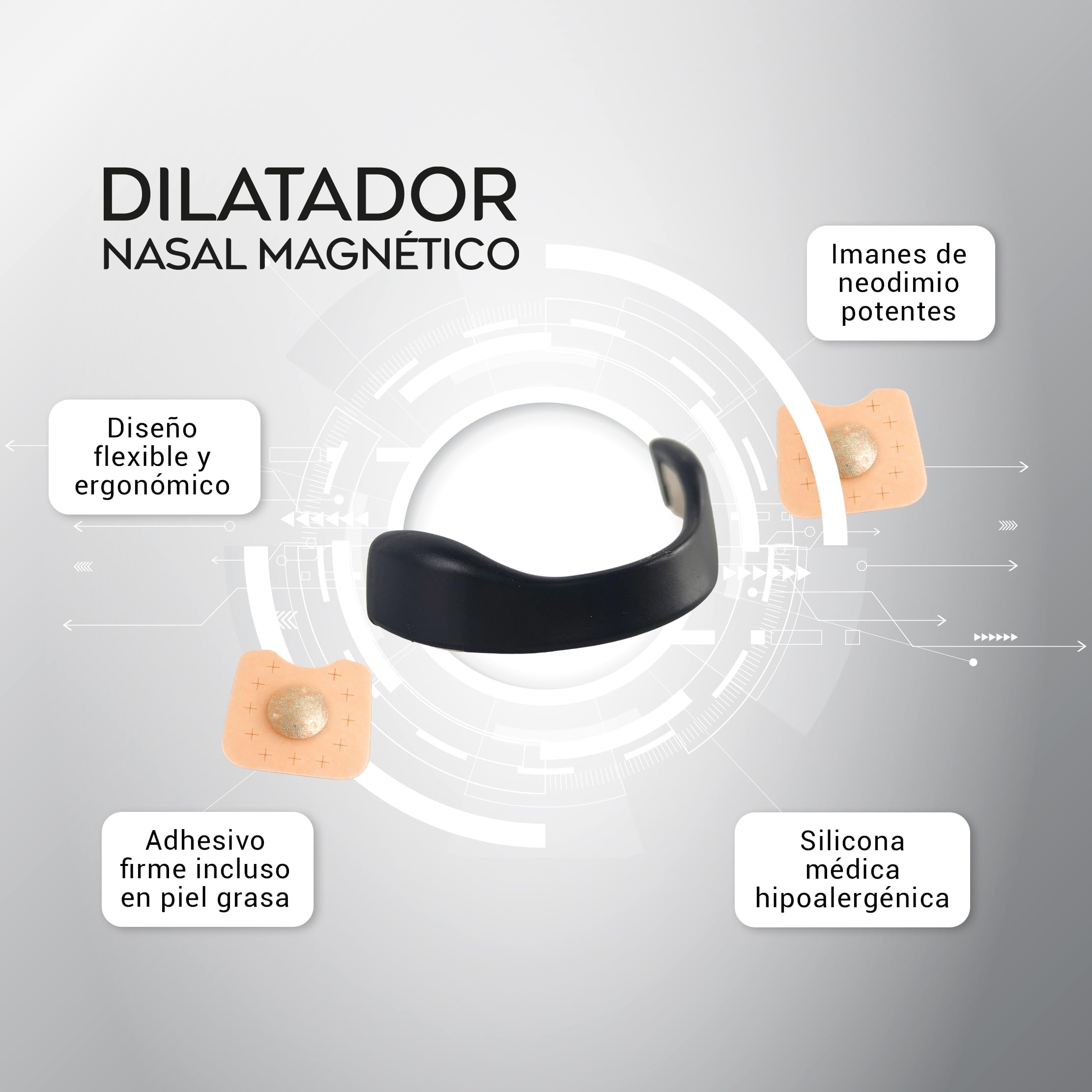 Dilatador Nasal Magnético – Tiras nasales magnéticas para dormir, antirronquidos y deportivas – Negro, potentes imanes y TOALLITAS LIMPIADORAS – 60 parches - "30 días"