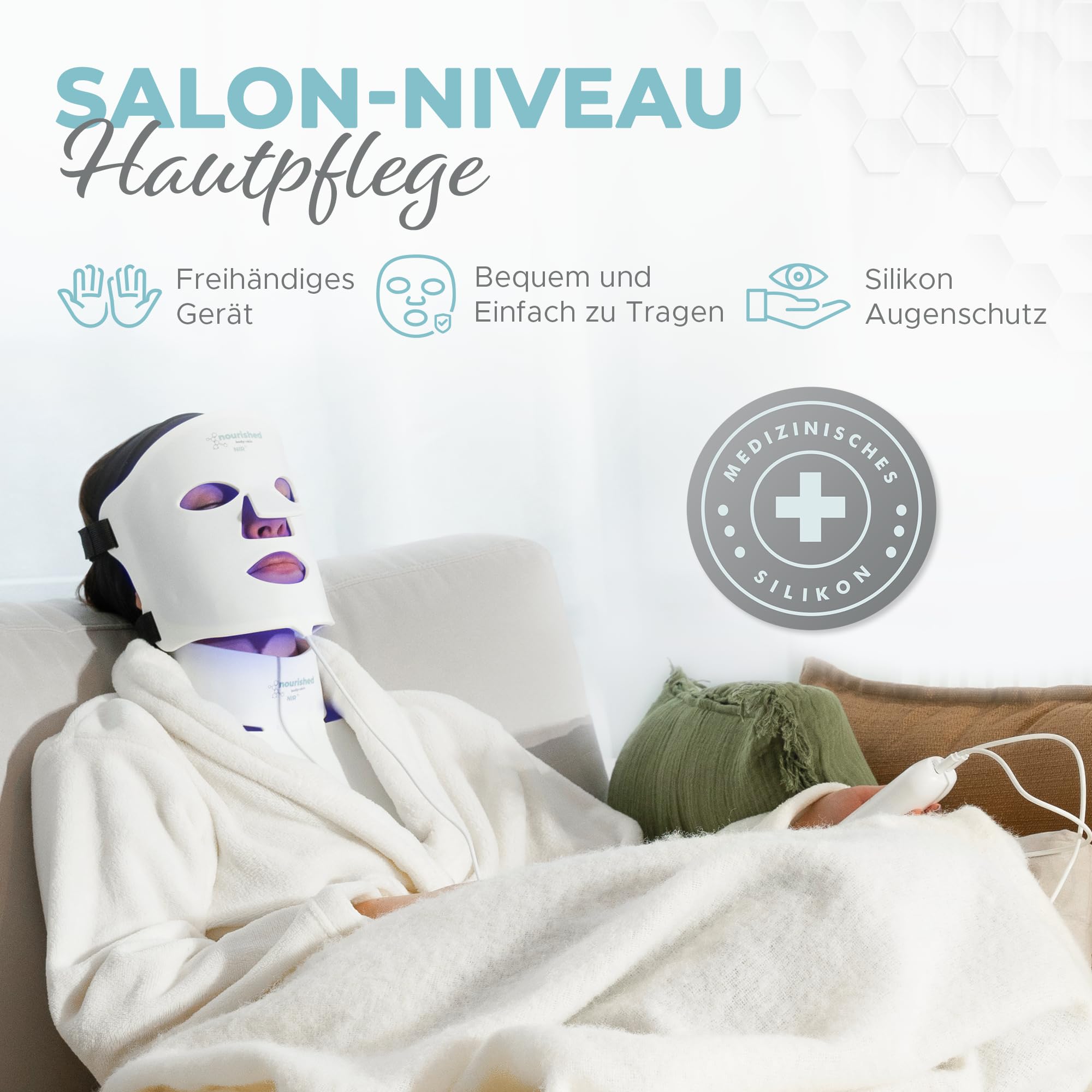 Nourished Bodynskin 7 Farben LED-Gesichts- und Nackenmaske mit Nahinfrarot - Blaues, rotes Lichttherapiegerät für das Gesicht - 912 LEDs - Hautpflege-Werkzeug gegen die Hautalterung