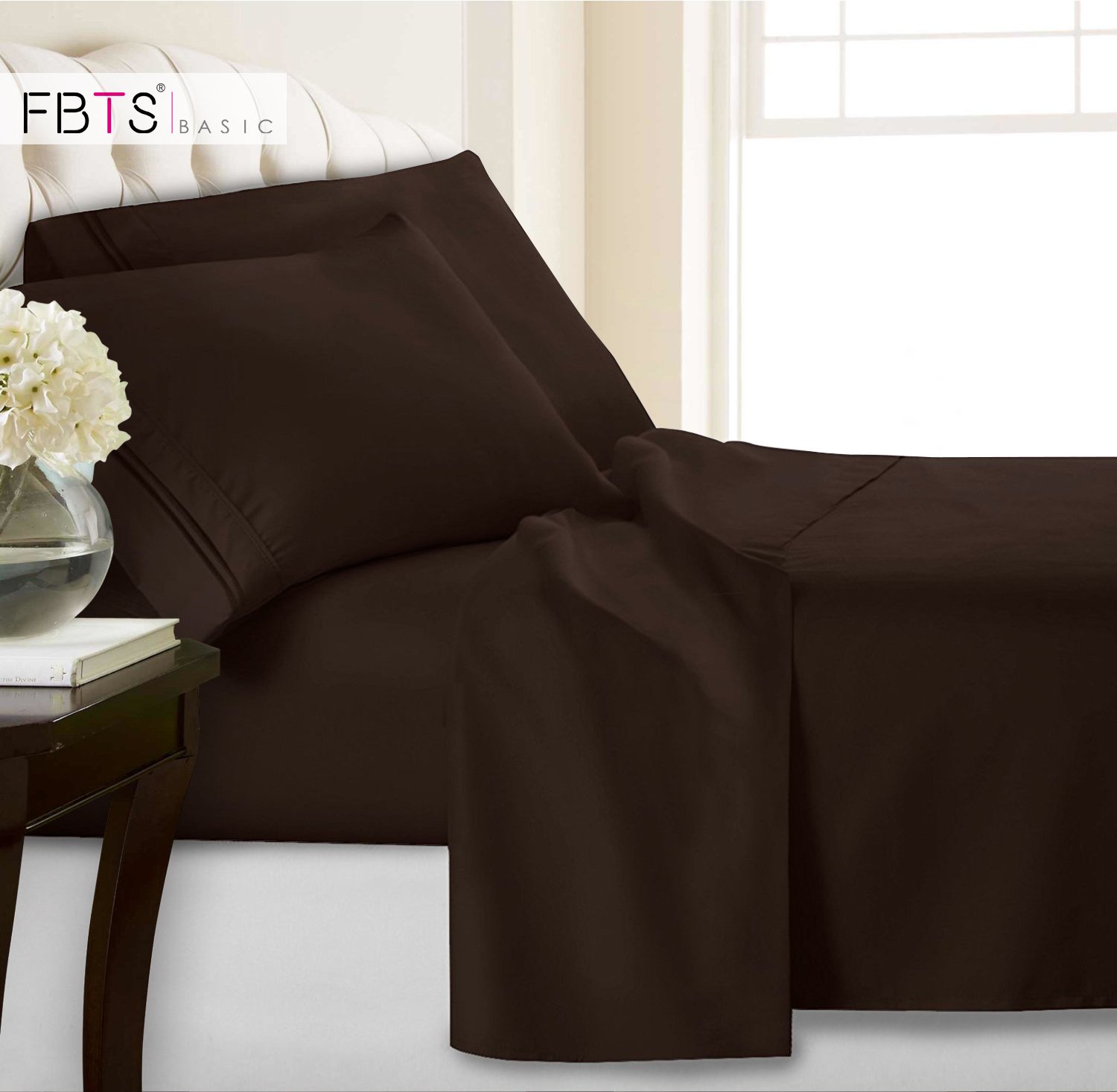 FBTS BasicBed Sheets King Chocolate 1800 Luxury Microfiber Sheet Set Adjustable 15 to 18 Inch Mattress Deep Pocket Fitted Sheets for Women Men Bedroom