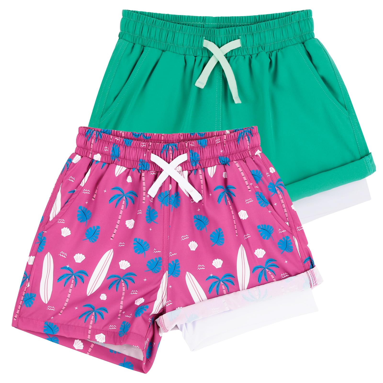 LACOFIA 2 Piezas Bañador Niños 2 en 1 Pantalones Cortos Playa/Piscina con Forro de Compresión Ropa de Baño para Niño Short de Natación con Cintura Elástica para 2 a 14 años