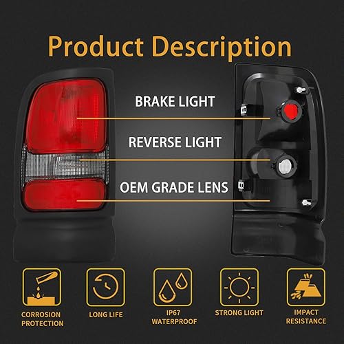 Miniatura 2 de Conjunto de luz trasera compatible con Dodge Ram 1500 2500 3500 1994-2001 lámparas de freno traseras del lado del conductor y del pasajero