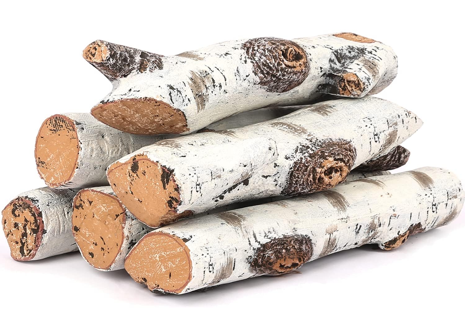 Hisencn 16" Gas Fireplace Log Set - White Birch Ceramic Fiber - 6pcs - Vented, Indoor/Outdoor, Propane/Electric - Realistic Decor - Clean & Safe - Suitable for All Fireplace Types