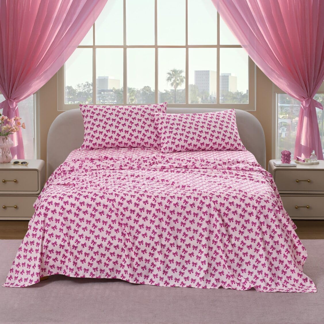 Paris Hilton Full Size Sheets Set – 4 Piece Microfiber Bed Sheets with Fitted Sheet, Flat Sheet, 2 Pillow Covers, Fits up to 15" Mattress Deep Pocket Full Sheet Set for Women, Bows, Pink