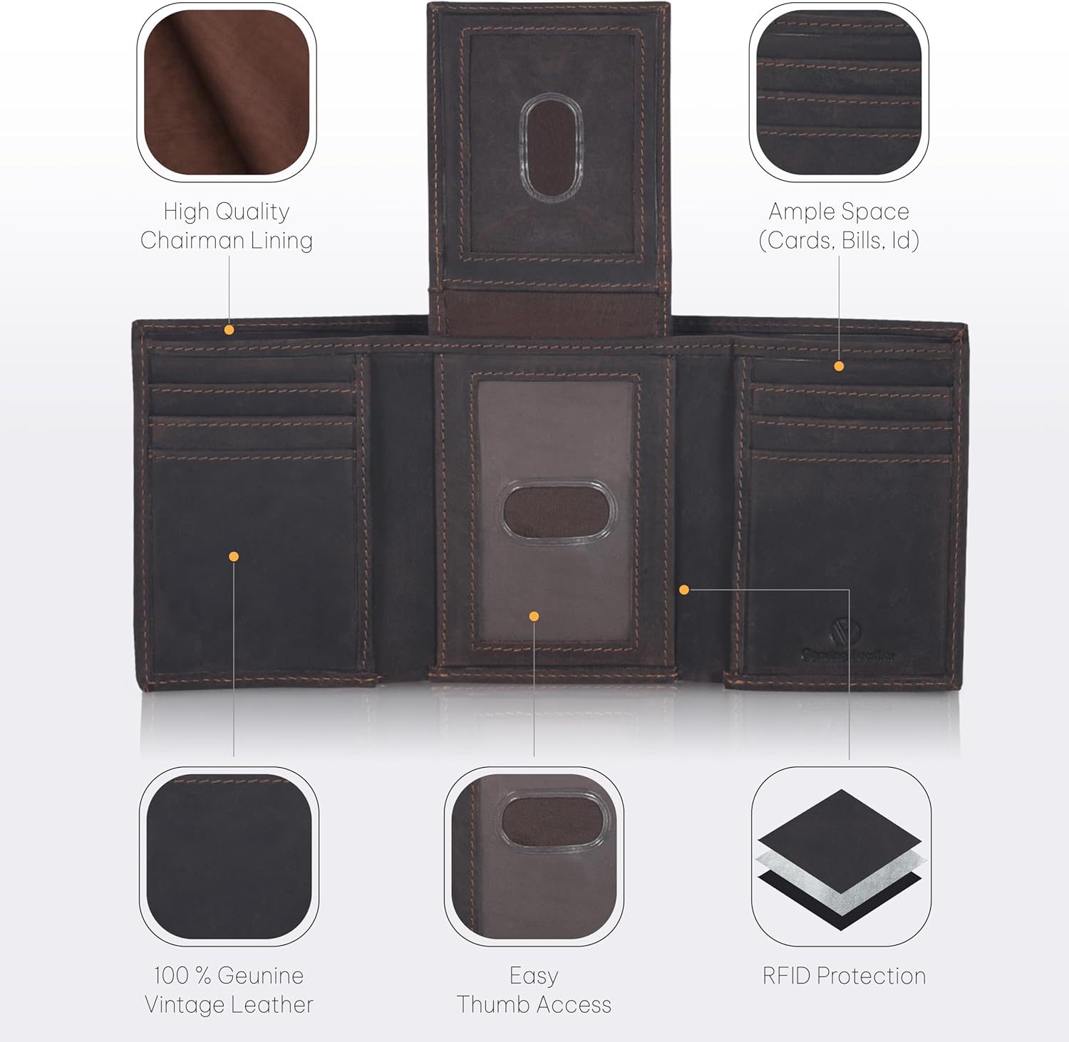 VALENCHI Genuine Real Leather Trifold Men's Wallet - With Card Holder Slots, ID Window and Currency Compartment - Christmas Gifts For Men (BROWN OILY HUNTER TF04) - Image 3