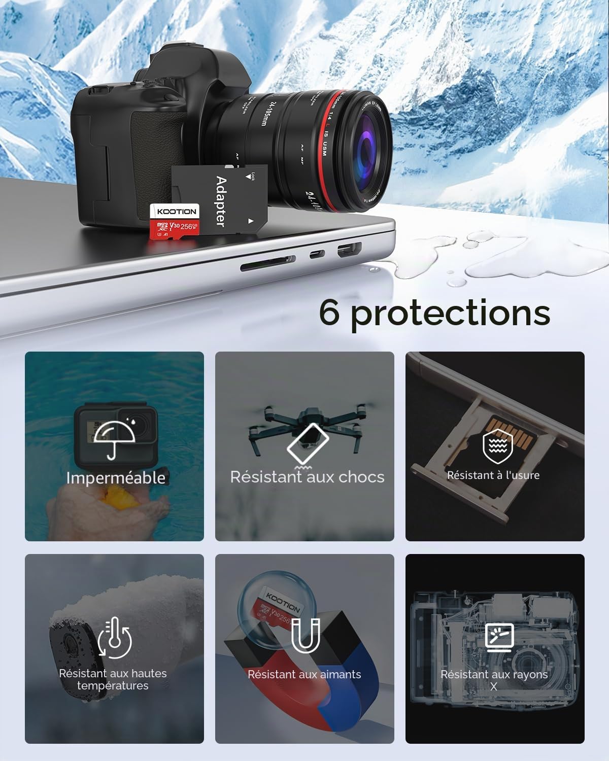 KOOTION Carte Micro SD 256 Go, Carte SD 256go avec UHS-I, U3, V30, A1, Haute Vitesse 100 Mo par Seconde, Carte mémoire TF 4K avec 1 Adaptateur pour Drone/caméra/Tablette/dashcam/Ordinateurs Portable