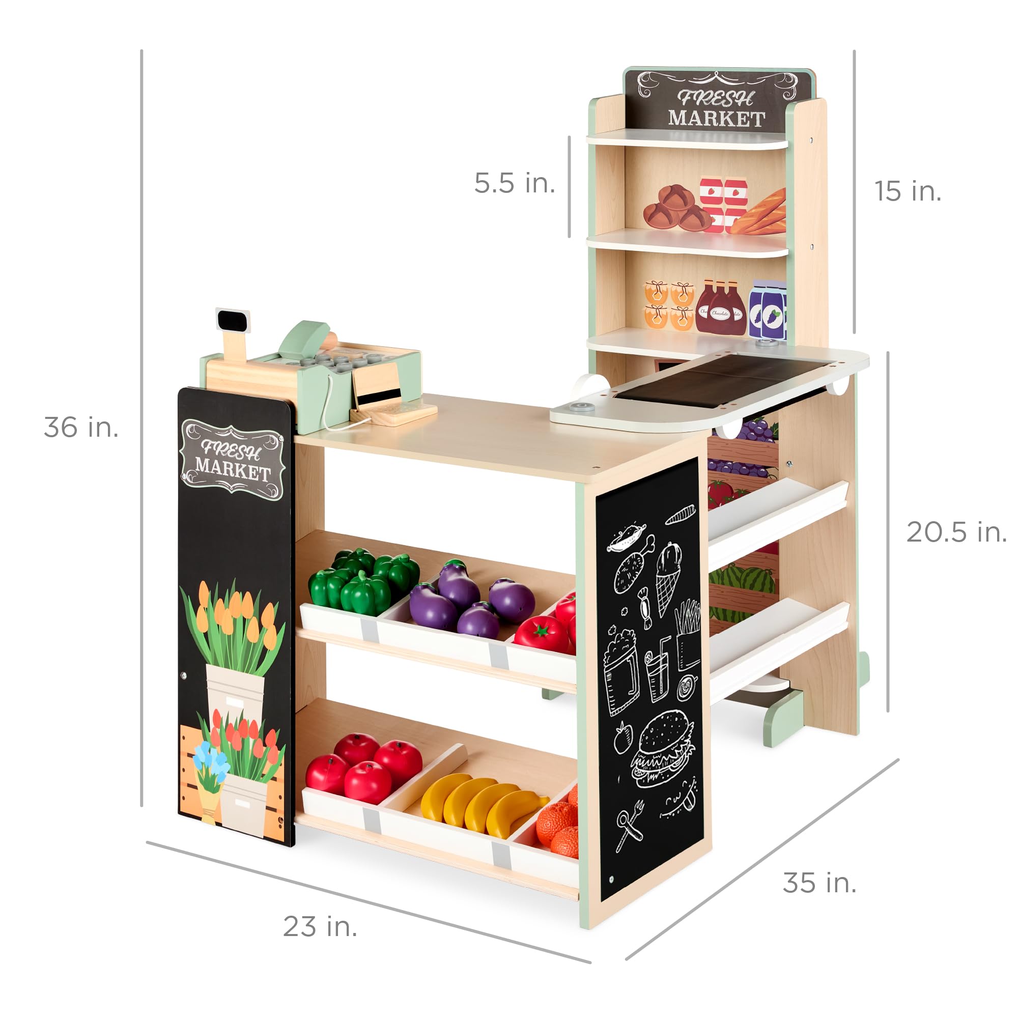 Best Choice Products Pretend Play Grocery Store Wooden Supermarket Toy Set for Kids w/Play Food, Chalkboard, Cash Register, Working Conveyor - Natural