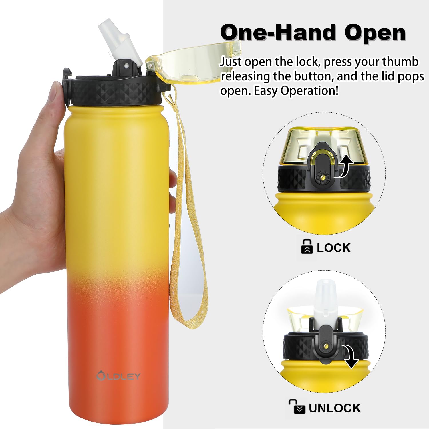 OLDLEY Stainless Steel Water Bottle with Straw 1L Vaccum Insulated Large Drink Flask Metal Water Bottles 1 Litre Leakproof Keep Drinks Hot Cold for Sports Gym Bike Adult(Yellow Orange - Image 3