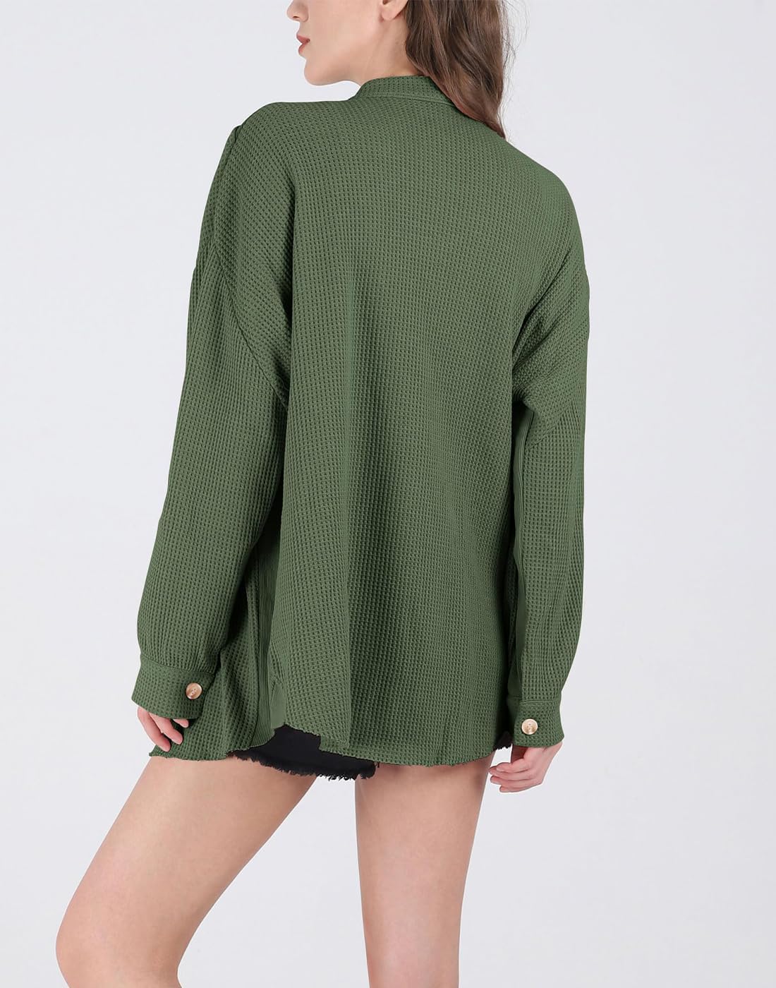 Womens Waffle Knit Shirt Button Down Long Sleeve Lightweight Slouchy Boyfriend Blouse Shacket Tops - Image 4