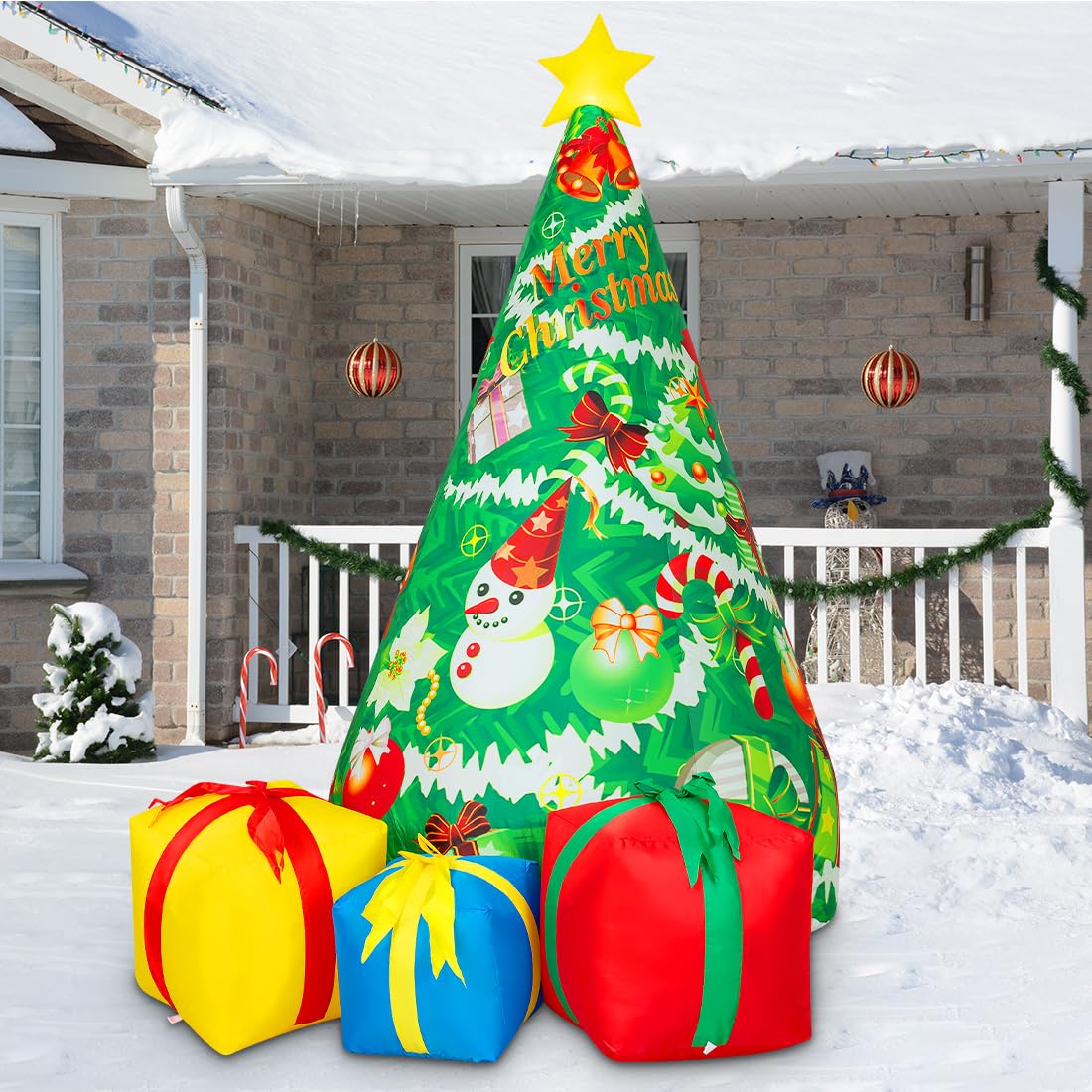Comin Bonhomme de Neige Gonflable de Noël avec Une boîte, décoration de Cour Gonflable avec lumières LED intégrées pour Les Vacances, Les fêtes, Noël, la Cour, Le Jardin
