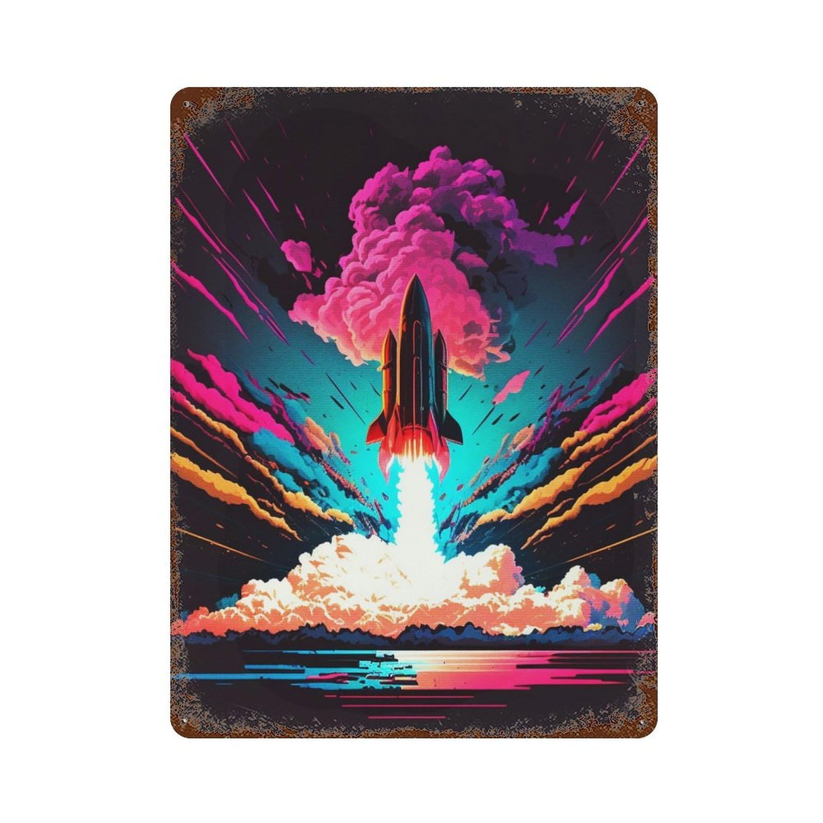Vintage Rust Metal Sign with Colorful Rocket Design 15.7"x11.8", for Shed, Workshop And Garage Wall Decor, Classic Wall Plaque