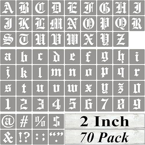 Miniatura 8 de Plantillas de letras del alfabeto de 1 pulgada para pintar, paquete de 70 plantillas de letras en inglés antiguo con números y letreros para pintar