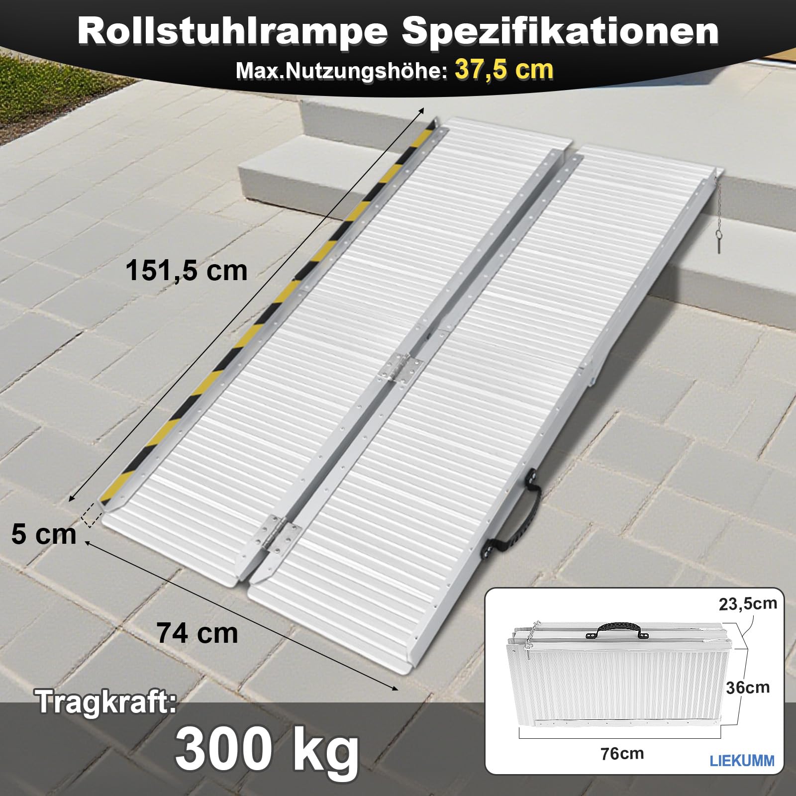 LIEKUMM 152 x 74 cm, rampa dla wózków inwalidzkich, obciążenie do 300 kg, rampa dla wózków inwalidzkich z antypoślizgową powierzchnią, przenośna rampa do wózka inwalidzkiego z aluminium, składana