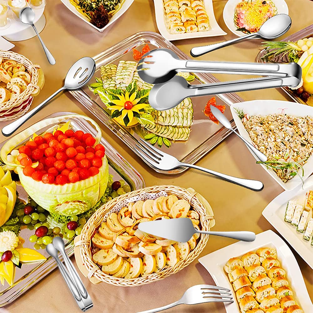 12 utensili da portata in acciaio inox, grandi cucchiai scanalati, forchette pinze, pinze per zucchero, torta, coltello da burro, cucchiaini da caffè, ideali per buffet, catering, banchetti,