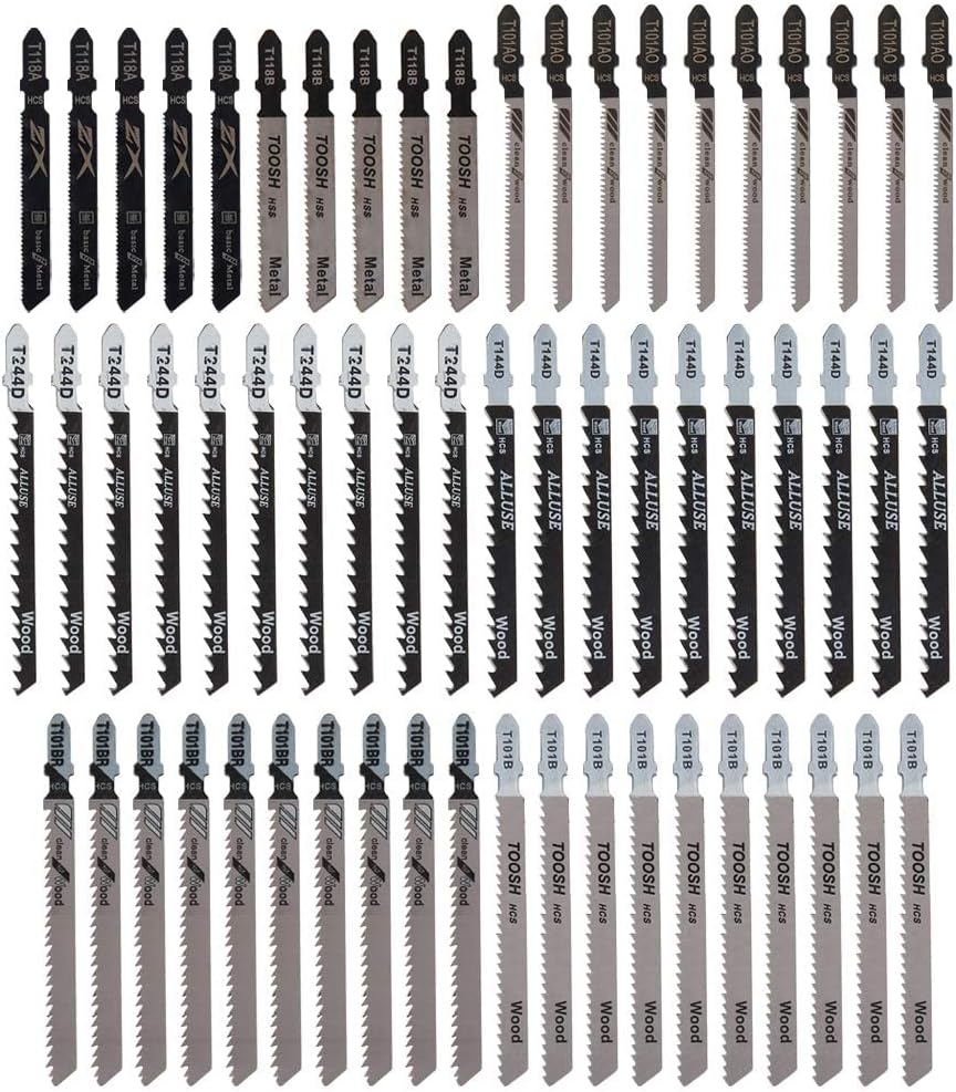 60Pcs Jigsaw Blades Set, T Shank Jig Saw Blades for Wood Plastic and Metal Cutting, 7 Types Straight and Fast Cuts HCS/HSS Jigsaw Blade Compatible with Festool, Bosch, Hitachi, Milwaukee, Makita