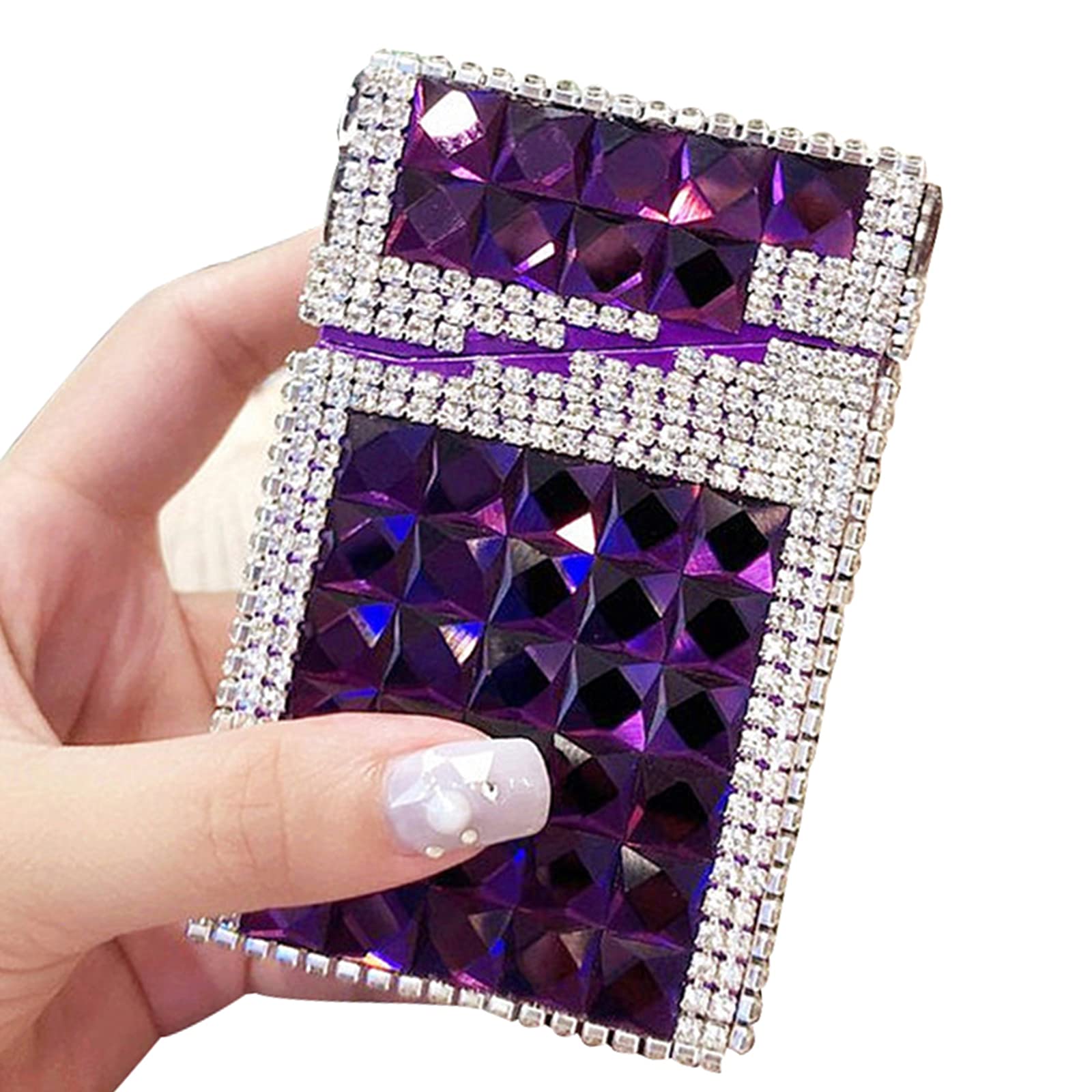 HQPCAHL Cigarette Case for Women, Hand Made Holds 20 Regular Cigarettes, Bling Crystal Cigarette Box Double Sided Rhinestones, Metal Cigarette Case,Purple