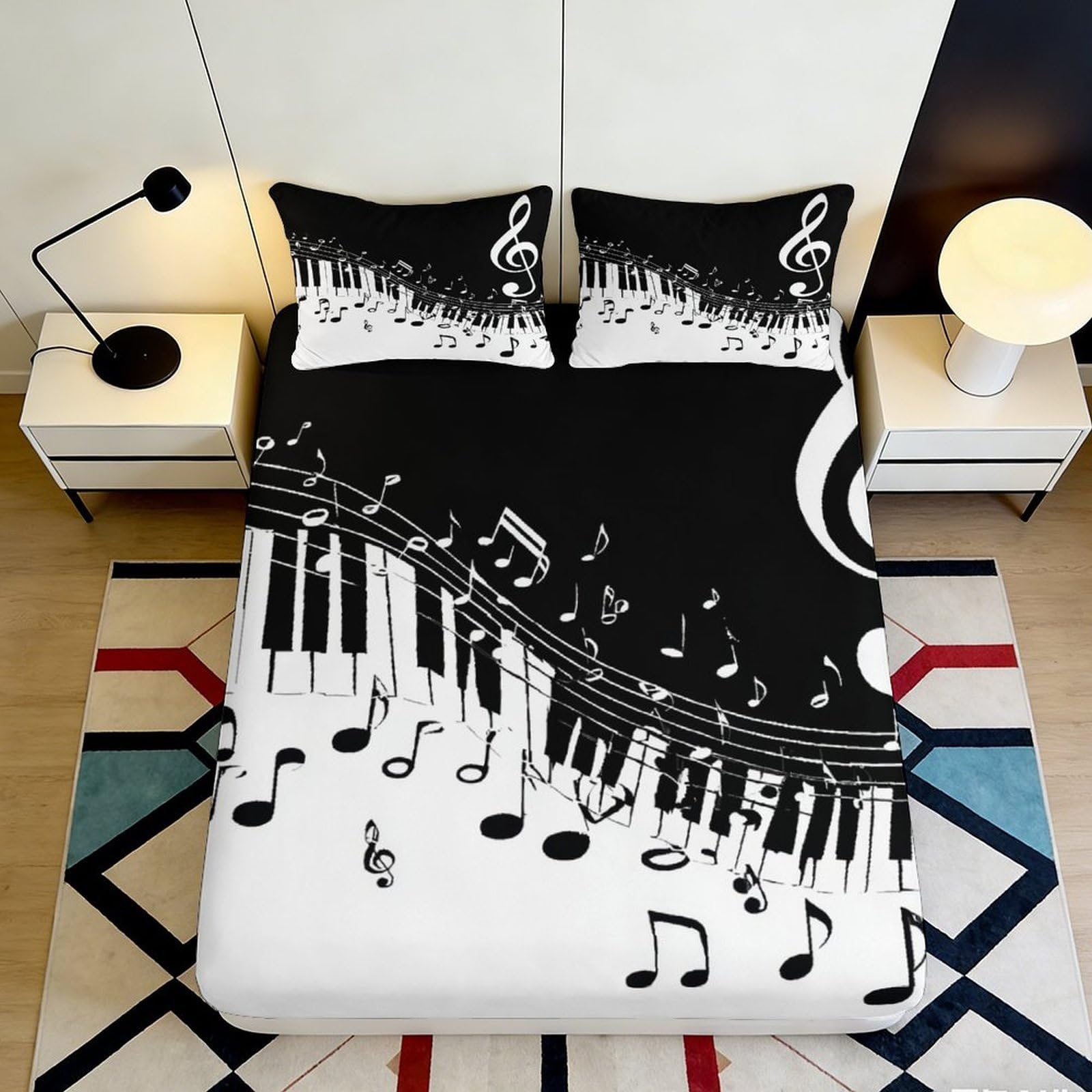 3D Printed Music Notes Fitted Sheet Microfiber Soft Breathable Piano Keys Bed Cover for Bedroom Dormitory Guest Room Mattress Protection Decor 140x200x25cm
