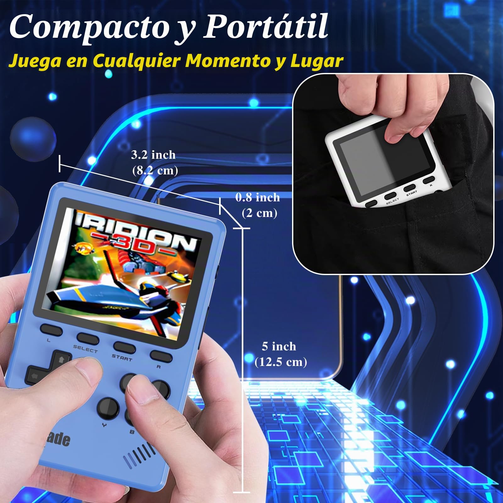 Consola de Videojuegos Portátil Retro, 40 Juegos Retro con Licencia Pico Preinstalados, Compatible con Cartucho PIKO/GBA - Azul